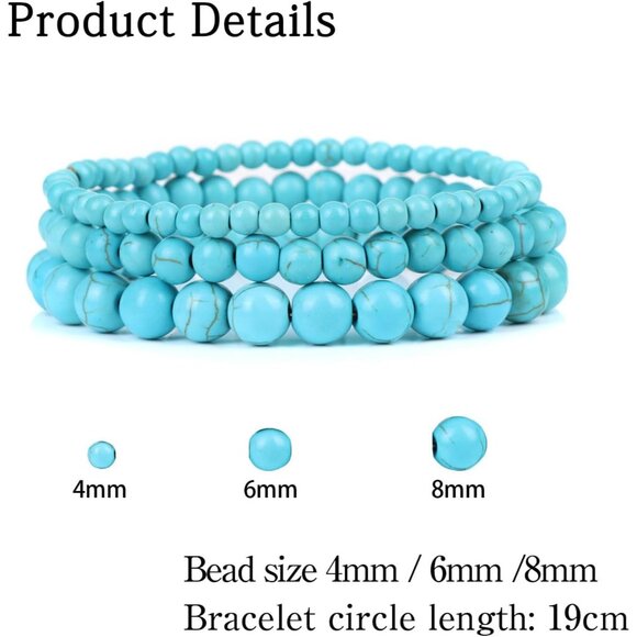 3PCS  Blue Turquoise Crystal Natural Stone Beaded Stretch Bracelet for Women - Picture 5 of 6